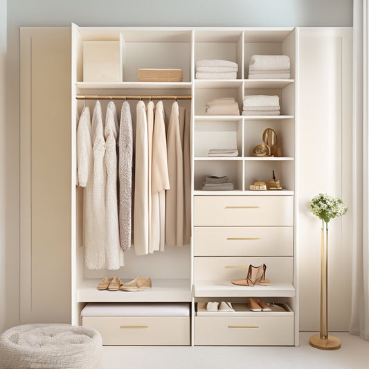 A tidy, minimalist closet with a soft, creamy white background, featuring a compact, floor-to-ceiling shelving unit, a sliding drawer, and a few, carefully arranged, stylish outfits on display.