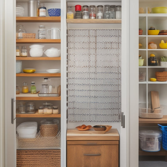A tidy small kitchen with a few clever organization hacks: a pegboard on the back of a door, a tiered cart with baskets, and a magnetic spice strip on the side of a cabinet.