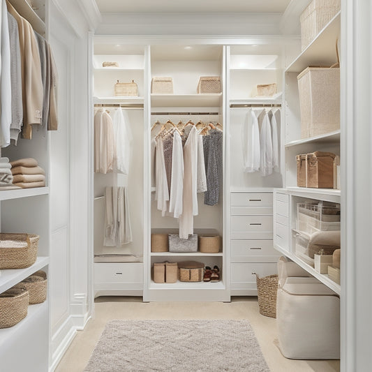 A serene, well-organized walk-in closet with creamy white shelves, rich wood accents, and soft LED lighting, featuring a neatly arranged selection of clothes, shoes, and accessories on display.