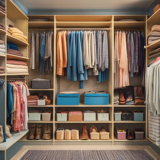 A tidy, well-lit closet interior with rows of organized clothing, shoes, and accessories on shelves and rods, with a few items slightly discounted or on sale, surrounded by subtle sale tags.