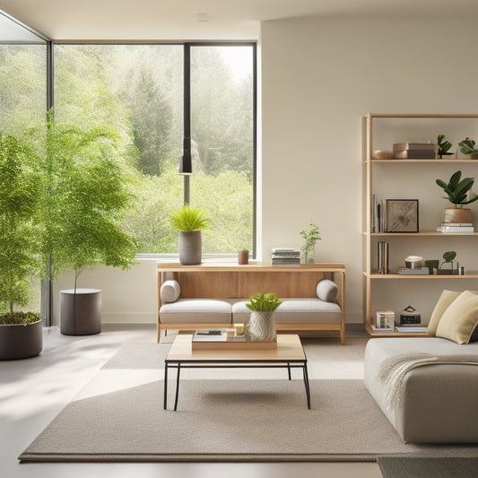 A minimalist, modern living room with a sleek, wall-mounted shelving system, a storage ottoman, and a Murphy desk, surrounded by lush greenery and soft, natural light.