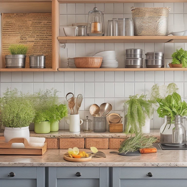 A clutter-free kitchen countertop with a few strategically placed utensil holders, a compact spice rack, and a small, labeled drawer organizer, surrounded by a few neatly arranged cookbooks and a vase with fresh herbs.