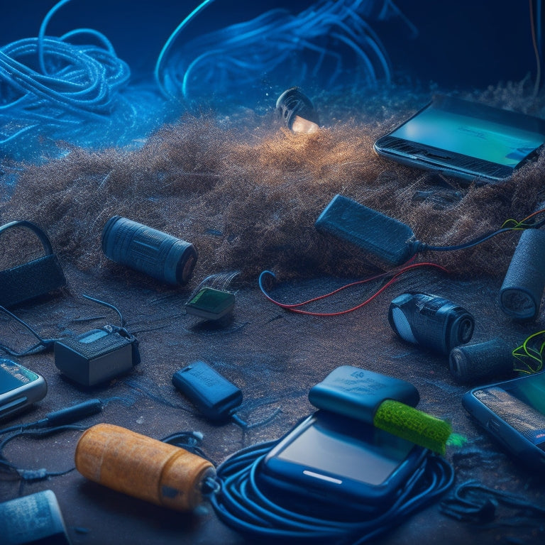 A chaotic digital landscape: tangled cords, shattered smartphone screens, and overflowing email inboxes, set against a dark, stormy background with flashing notifications and lost passwords scattered throughout.