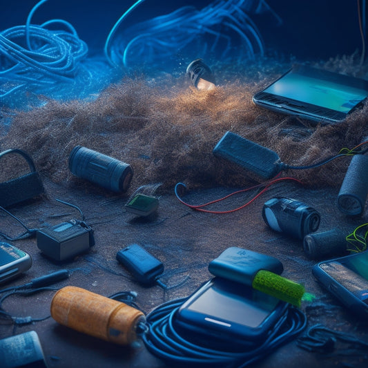 A chaotic digital landscape: tangled cords, shattered smartphone screens, and overflowing email inboxes, set against a dark, stormy background with flashing notifications and lost passwords scattered throughout.