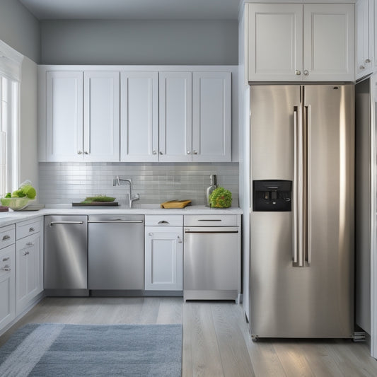 A tidy corner kitchen with a sleek, stainless steel refrigerator nestled between two tall, white cabinets, surrounded by minimalist, silver hardware and subtle, LED under-cabinet lighting.