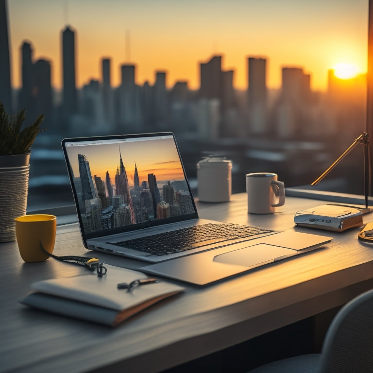 A minimalist desk with a sleek laptop, a tidy cord organizer, and a few carefully arranged sticky notes, set against a blurred background of a modern cityscape at sunset.