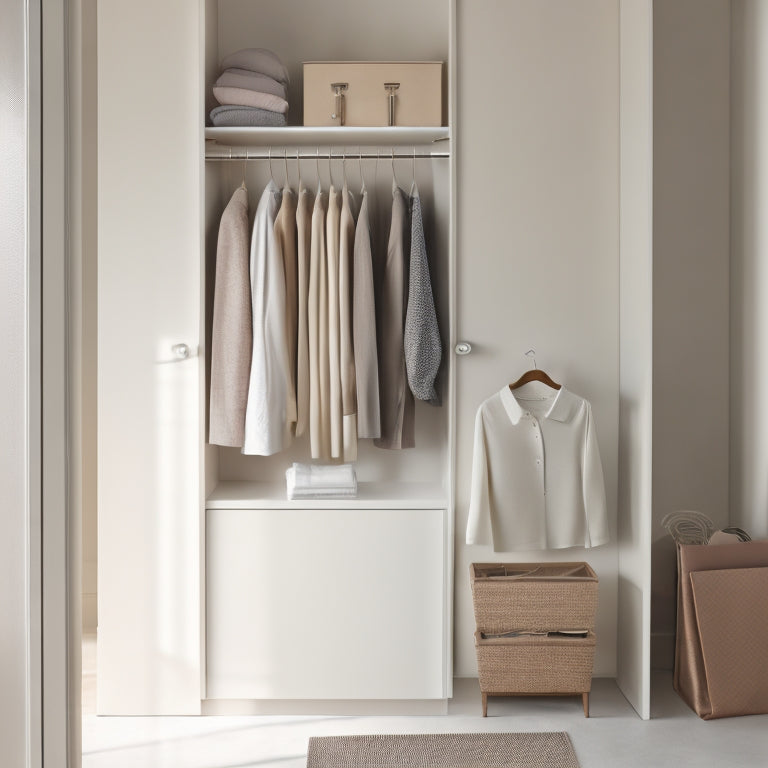 A serene, minimalist closet with cream-colored walls, a wooden floor, and a few, carefully curated outfits on sleek, silver hangers, surrounded by empty space and soft, natural light.