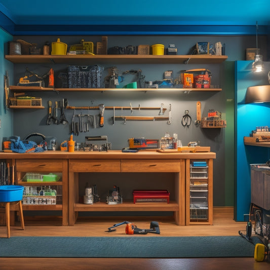 A clutter-free, well-lit, modern home interior with various DIY tools and materials scattered around, including a hammer, pliers, screwdrivers, wrenches, and a toolbox, surrounded by open cabinets and shelves.