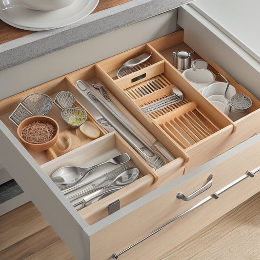 A clutter-free kitchen drawer with custom utensil inserts, featuring a wooden divider, stainless steel utensil holders, and neatly organized kitchen tools, surrounded by subtle kitchen lighting and a soft, white background.