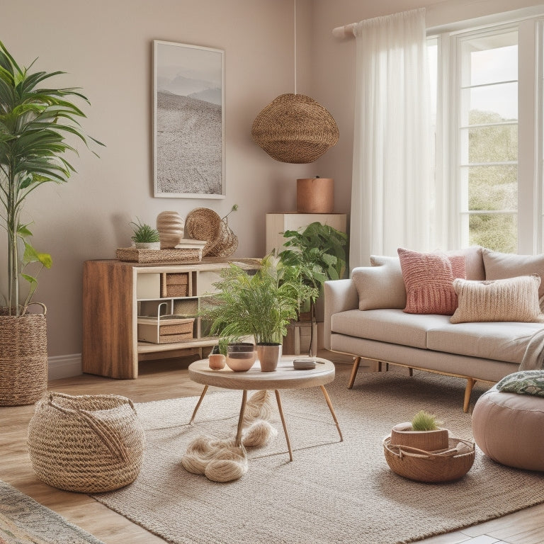 A clutter-free living room with a woven basket coffee table, stacked vintage suitcases as shelves, and a macrame plant hanger, surrounded by minimal, pastel-colored accents and natural light.