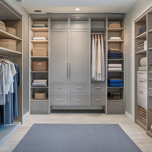 An organized walk-in closet with sliding glass doors, surrounded by built-in shelves, drawers, and a central island with a tufted ottoman, set against a soft gray background with warm lighting.