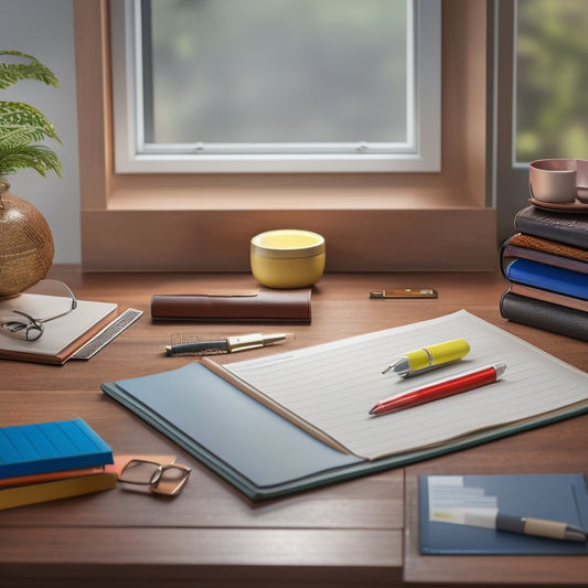 A tidy desk with a wooden paper tray, a colorful set of file folders, a leather-bound planner, and a few pens and highlighters, surrounded by a subtle background of a minimalist office.