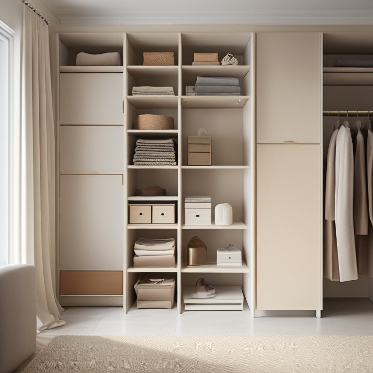 A minimalist, modern closet interior with modular shelves, drawers, and rods, featuring a mix of open and closed storage, set against a soft, creamy background with warm, natural light.