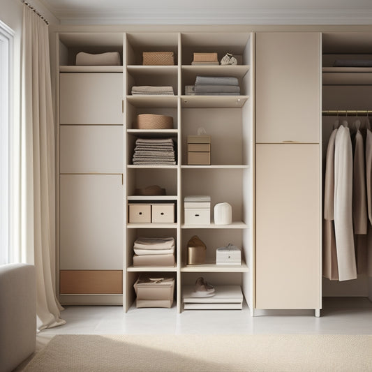 A minimalist, modern closet interior with modular shelves, drawers, and rods, featuring a mix of open and closed storage, set against a soft, creamy background with warm, natural light.