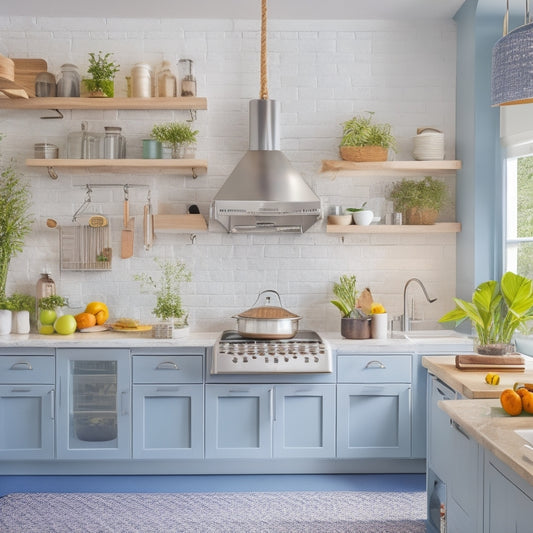 A bright, modern kitchen with a sleek island, featuring a pull-out utensil organizer with neatly arranged gadgets, a wall-mounted pegboard with hanging baskets, and a countertop carousel with spinning tiers.