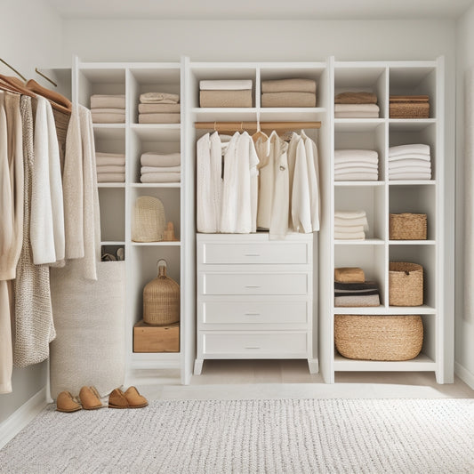 A serene, minimalist closet interior with creamy white walls, warm wooden shelves, and a plush area rug, featuring a mix of woven baskets, velvet-lined drawers, and hanging rods with stylishly arranged garments.