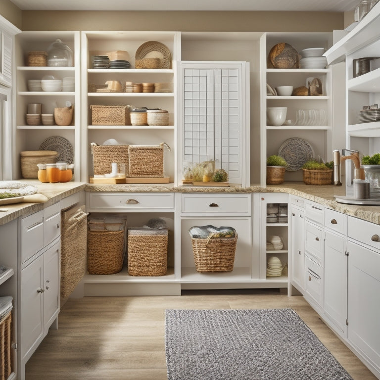 A tidy, well-lit kitchen with a mix of open and closed storage units, featuring a prominent gluten-free pantry with labeled baskets, a utensil organizer, and a countertop with a few strategically placed appliances.