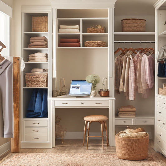 A serene, organized closet interior with a mix of neutral-colored clothing and traditional senior-style furniture, featuring a laptop on a nearby shelf with an open online course webpage.
