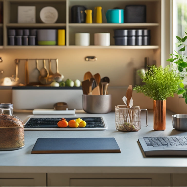 A tidy, modern kitchen with a laptop open on the counter, surrounded by organized utensils, cookbooks, and a few sleek storage containers, with a subtle background of a calendar or planner.