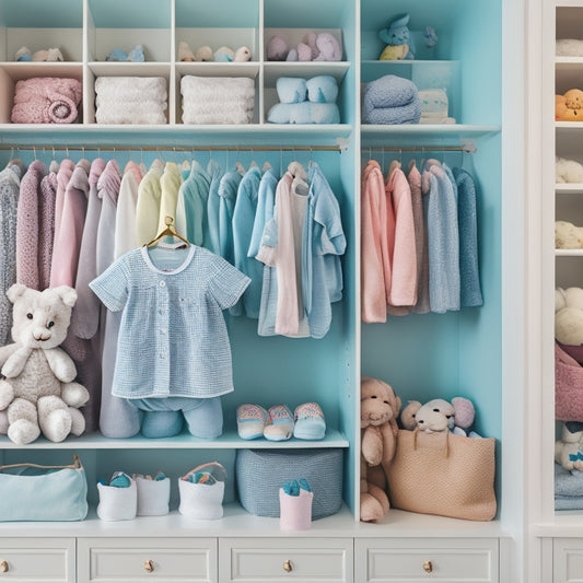 A neatly organized nursery closet with pastel-colored DIY dividers separating onesies, sleepers, and footed rompers, surrounded by soft toys and a few framed baby photos on the shelves.