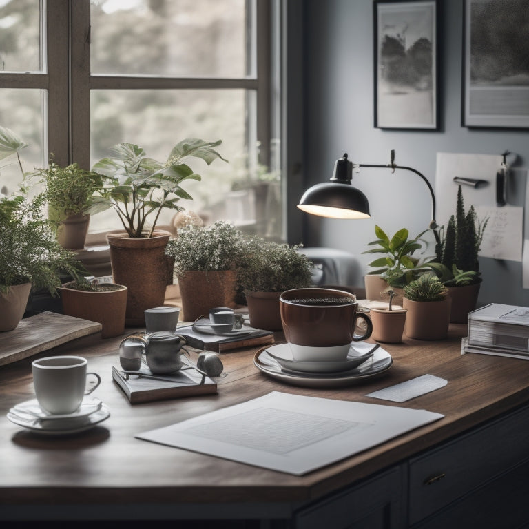 A cluttered home office workspace with scattered papers, broken pens, and a dusty computer surrounded by empty coffee cups, contrasted with a tidy and organized space in the background, with a minimalist desk and a single, thriving plant.