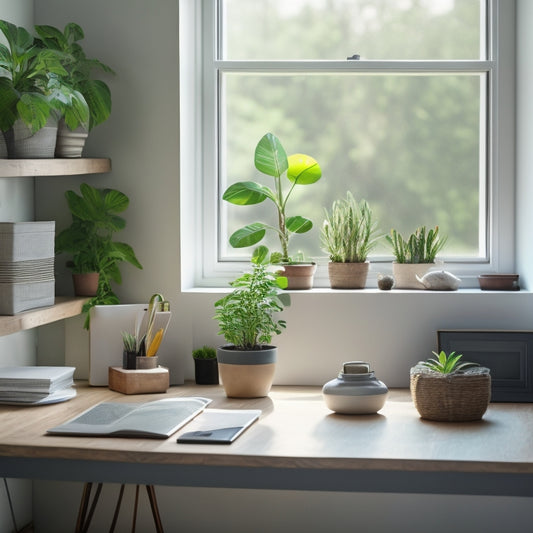 A serene, minimalist room with a laptop open on a clutter-free desk, surrounded by empty shelves and a few, carefully-placed houseplants, with a subtle, calming natural light filtering through the window.