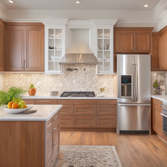 A bright, modern kitchen with custom cabinetry in a warm, honey-brown wood tone, featuring ornate hardware and decorative trim, surrounded by sleek, stainless steel appliances and polished, white quartz countertops.