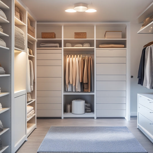 A tidy, walk-in closet with a minimalist aesthetic, featuring floor-to-ceiling shelves, double rods, and stackable bins in a soothing white and gray color scheme, illuminated by soft, warm lighting.