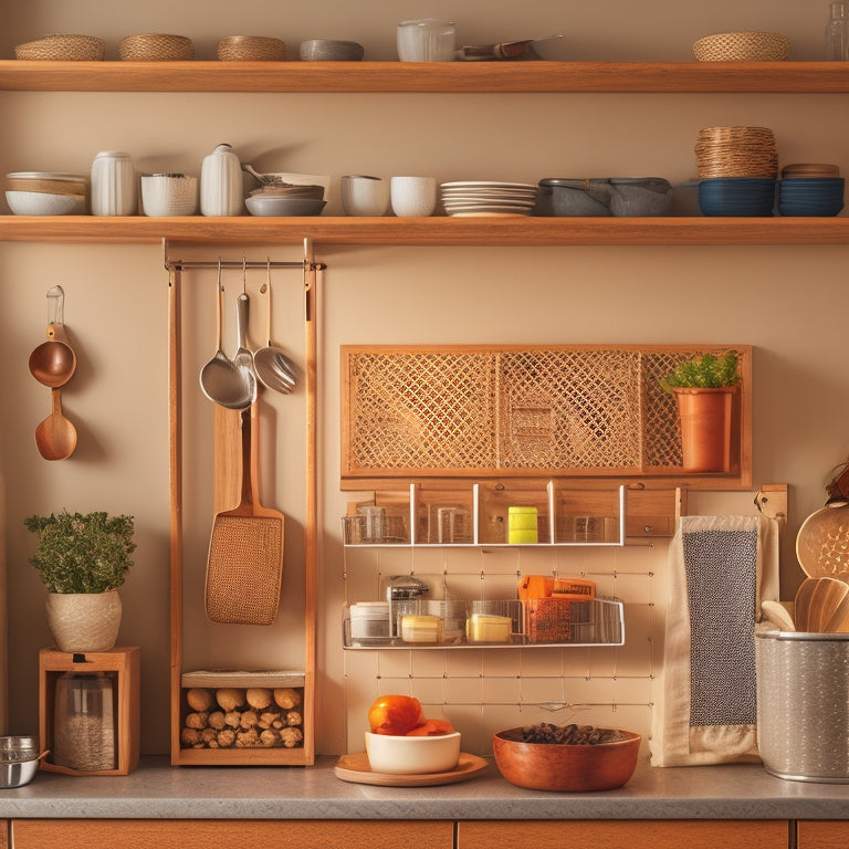 A tidy kitchen with a wall-mounted pegboard holding utensils, a pull-out spice rack, and a stack of woven baskets on a shelf, surrounded by minimal clutter and warm lighting.