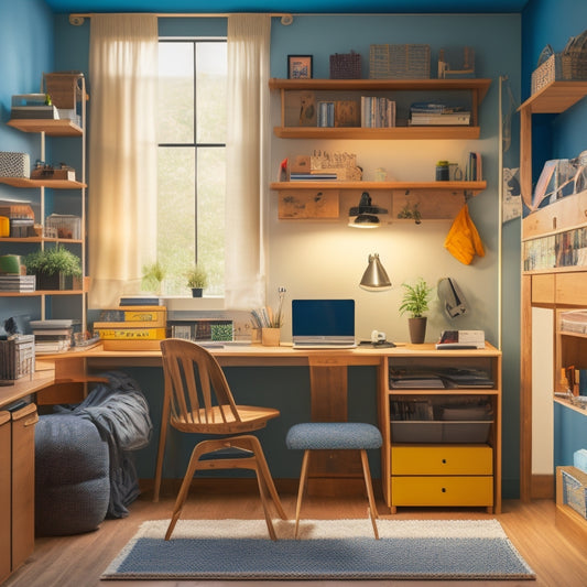A tidy college dorm room with a lofted bed, desk organized with stackable drawers, and a pegboard on the wall holding a backpack, headphones, and a few novels, surrounded by calm, muted colors.