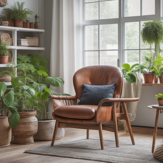 A cozy, clutter-free living room with a refurbished vintage armchair, a DIY shelving unit made from reclaimed wood, and a few carefully placed potted plants on a minimalist coffee table.