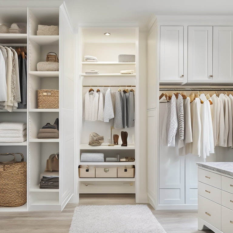 A serene, well-lit walk-in closet with sleek, floor-to-ceiling shelves and drawers, adorned with a few stylish outfits, shoes, and accessories, surrounded by a calming, creamy white backdrop.