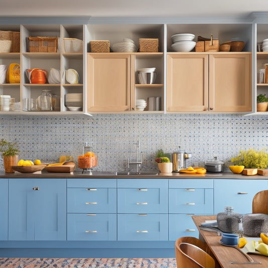 A bright, modern kitchen with sleek countertops, featuring a mix of open shelving, decorative canisters, and pull-out drawers, organized with utensil holders, spice racks, and a built-in knife block.