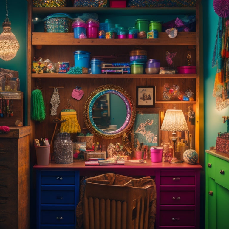 A whimsical, organized craft closet with rainbow-colored bins, glittering fairy lights, and a wooden desk adorned with paintbrushes, scissors, and a vintage-inspired, ornate mirror.