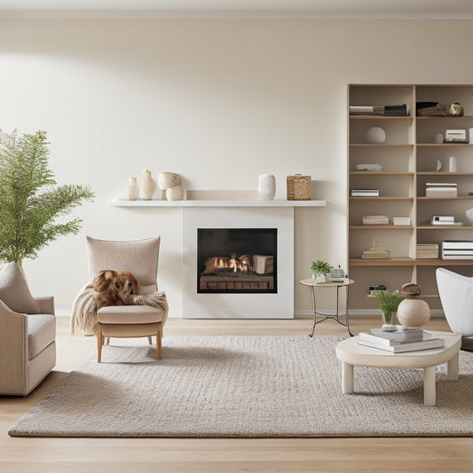 A serene, modern living room with creamy walls, light wood floors, and a natural stone fireplace, featuring a sleek, built-in shelving unit with woven baskets and a minimalist desk with a hidden storage compartment.