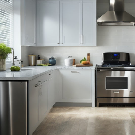 A modern kitchen with sleek countertops and stainless steel appliances, featuring a smart speaker on the counter, a hands-free faucet, and a voice-controlled stand mixer in the background.