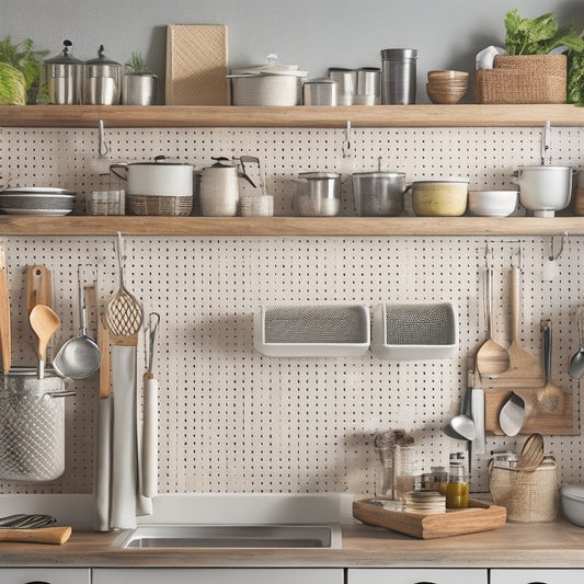 A clutter-free kitchen counter with a utensil organizer, a divided drawer, and a pegboard on the wall, featuring a neatly arranged collection of kitchen tools and gadgets in a warm, natural light.