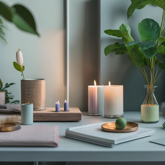 A serene, minimalist workspace with a few, carefully placed personal organizers in soft pastel hues, surrounded by lush greenery and a few, strategically positioned candles.