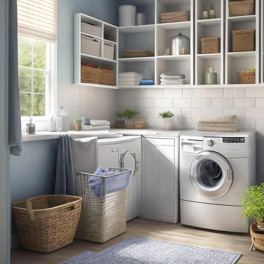 A tidy laundry room with a wall-mounted foldable drying rack, stacked crates with labeled bins, and a slim shelf above a compact washer and dryer, surrounded by soft, natural lighting.