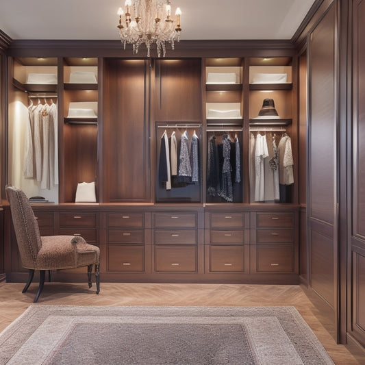 A sleek, modern dressing room with a bespoke closet system, featuring rich, dark wood tones, soft cream-colored walls, and a stunning chandelier, surrounded by perfectly arranged, luxurious clothing pieces.