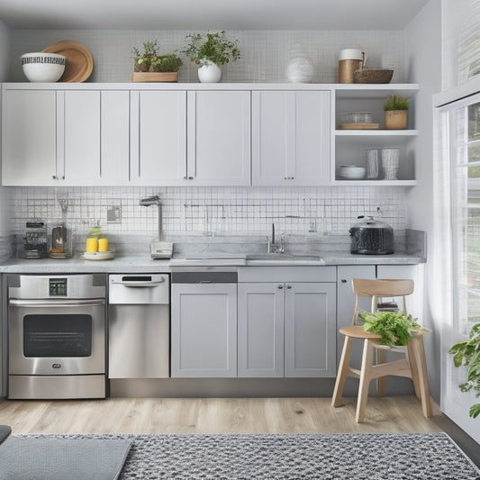 A tidy, L-shaped kitchen with stainless steel appliances, white cabinets, and gray countertops, showcasing a pegboard on the wall, a utensil organizer on the counter, and a slide-out trash can.