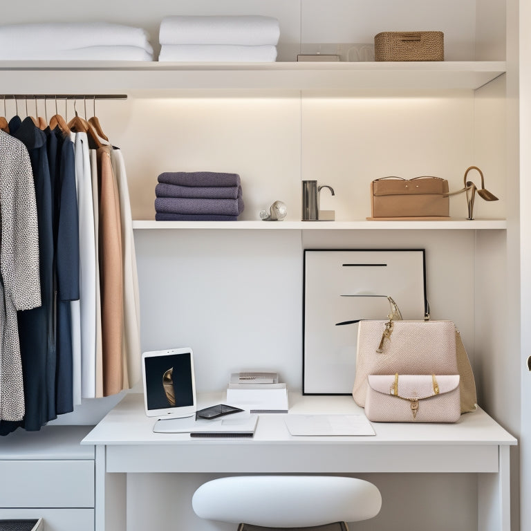 A serene, minimalist closet with a few neatly organized garments on a sleek, white shelf, alongside a laptop and a smartphone displaying digital decluttering apps on their screens.