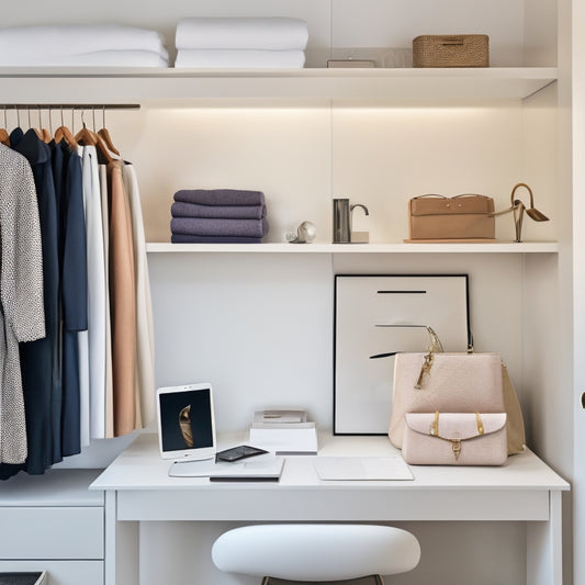 A serene, minimalist closet with a few neatly organized garments on a sleek, white shelf, alongside a laptop and a smartphone displaying digital decluttering apps on their screens.