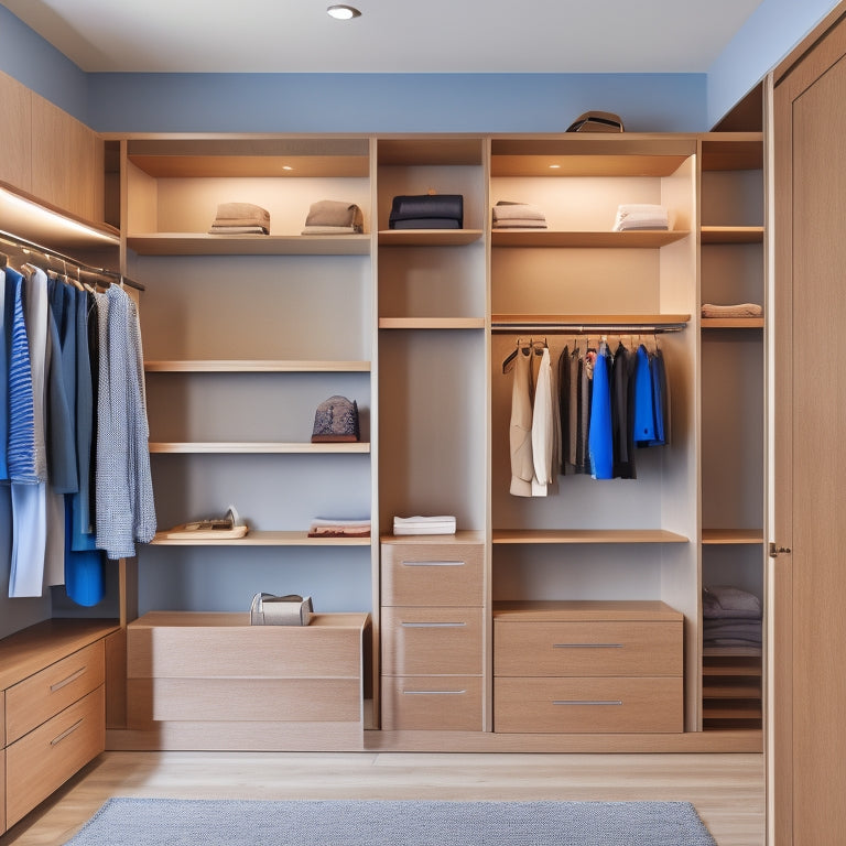 A bright, modern walk-in closet with sleek, floor-to-ceiling shelves and drawers in a warm wood tone, showcasing a multitude of organized clothing and accessories, with plenty of empty space.