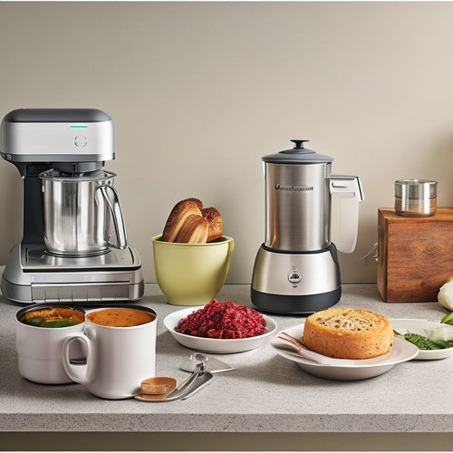 A modern kitchen countertop with a sleek, silver toaster, a compact stand mixer, a mini slow cooker, and a small, circular immersion blender, arranged artfully amidst scattered recipe cards.