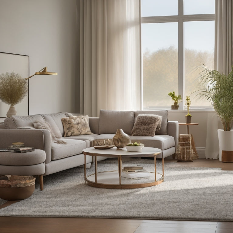 A serene, well-lit living room with a few, carefully-curated decorative items, a minimalist coffee table, and a plush area rug, surrounded by ample negative space and natural light.