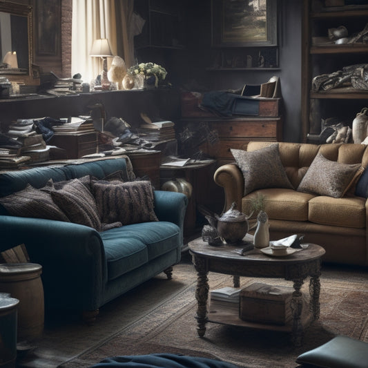 A dimly lit, cluttered living room with dusty furniture, overflowing shelves, and scattered papers, featuring a worn-out couch with a torn cushion, and a forgotten vase behind a messy heap of clothes.