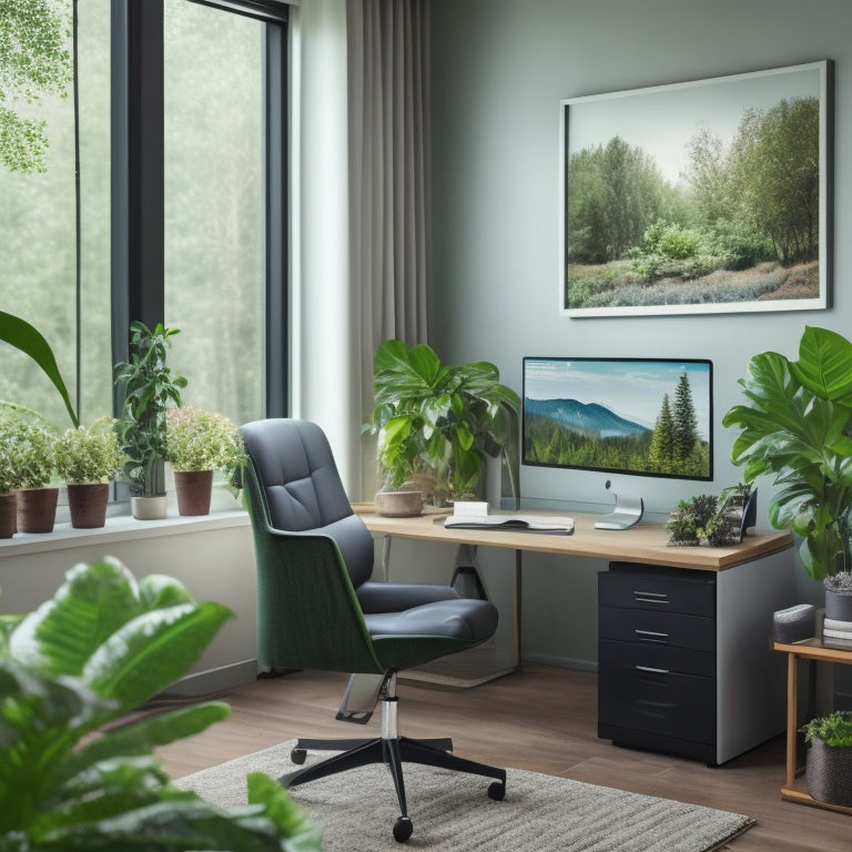 A tidy, modern home office with a sleek desk, ergonomic chair, and a large monitor displaying a virtual calendar, surrounded by lush green plants and a few carefully placed decorative objects.