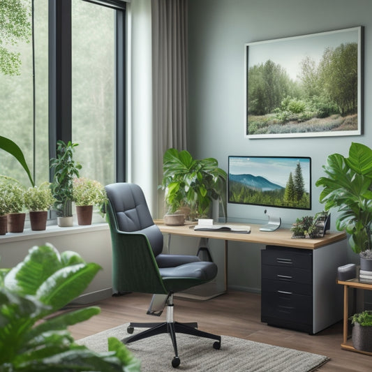 A tidy, modern home office with a sleek desk, ergonomic chair, and a large monitor displaying a virtual calendar, surrounded by lush green plants and a few carefully placed decorative objects.