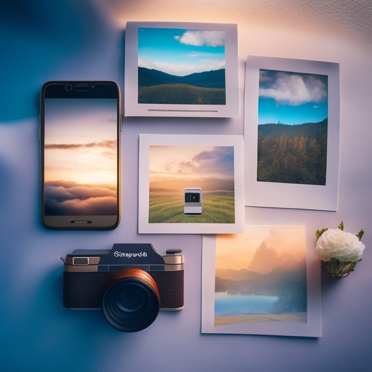 A serene background with a few scattered polaroid photos, a smartphone, and a small Amazon logo, surrounded by gentle, swirling clouds and subtle, shimmering light, conveying organization and convenience.